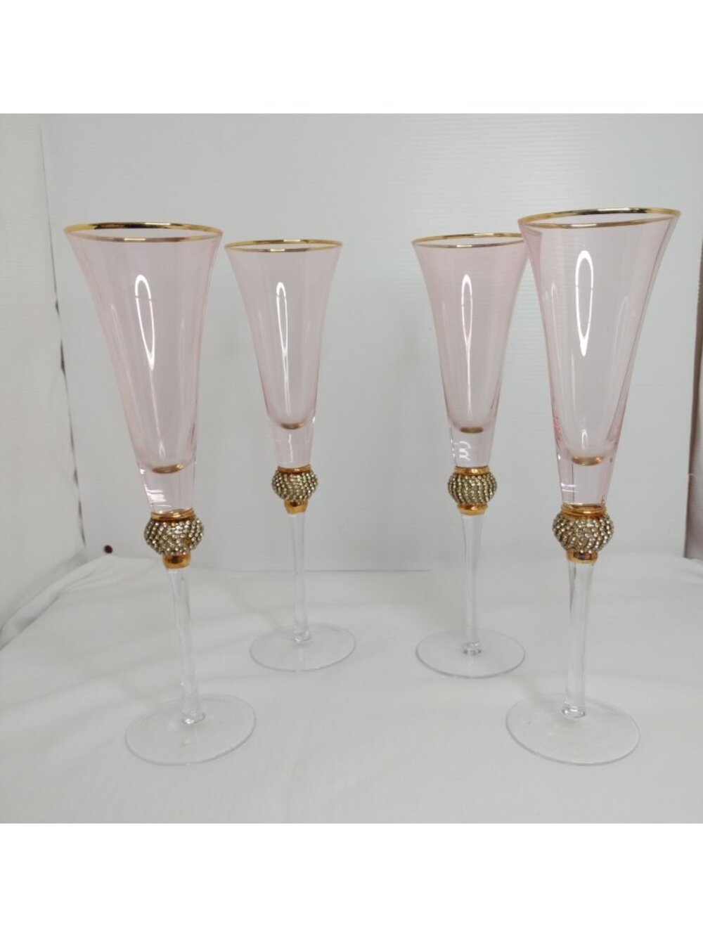 New Set Of 4 Gold Rim Sparkling Crystals Clear Pink Champagne Flute Stem 11"X3"